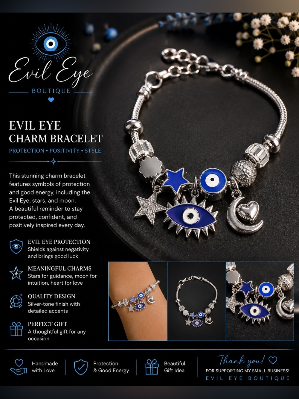Evil Eye Charm Bracelet - Silver Tone with Blue Enamel Accents